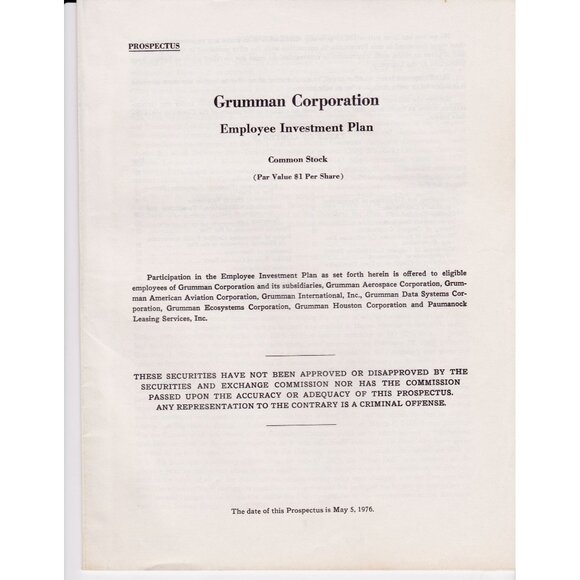 1976 Grumman Employee Investment Plan Prospectus | Aerospace Stock History - Picture 1 of 5
